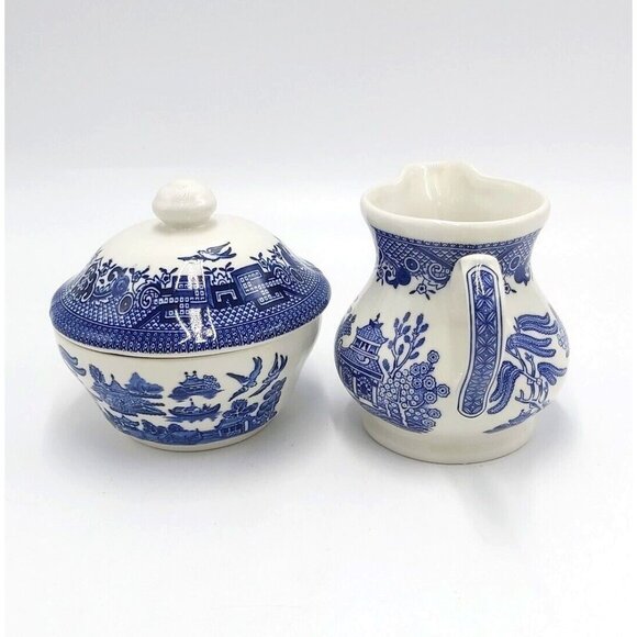 Churchill Blue Willow Creamer and Sugar Bowl with Lid-England-Vintage - Picture 10 of 10